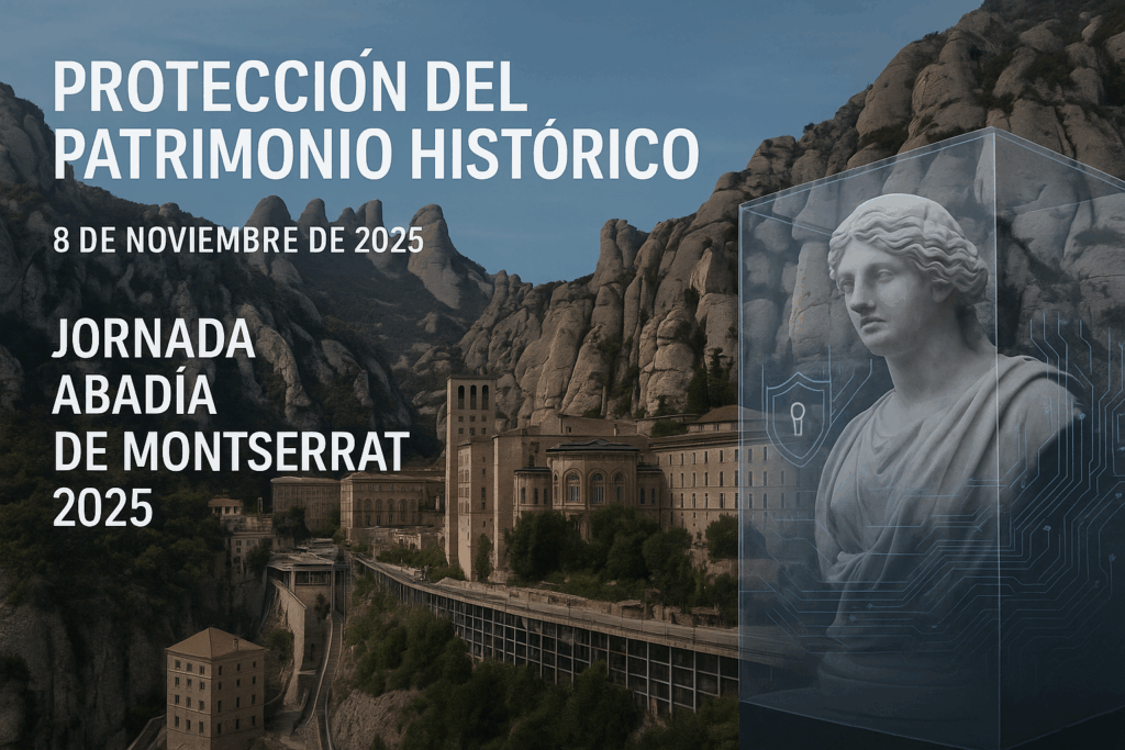 Vista de la Abadía de Montserrat con una escultura clásica protegida digitalmente y texto promocional de una jornada sobre patrimonio.